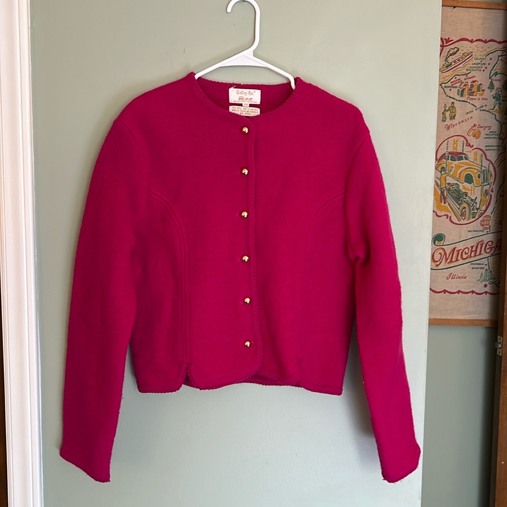 Tally Ho Vintage Wool Cardigan 1980s 1990s Hot Pink